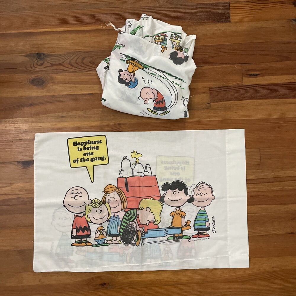 Vintage 1970s Peanuts Snoopy Twin Fitted Sheet Pillowcase Sears Perma Prest